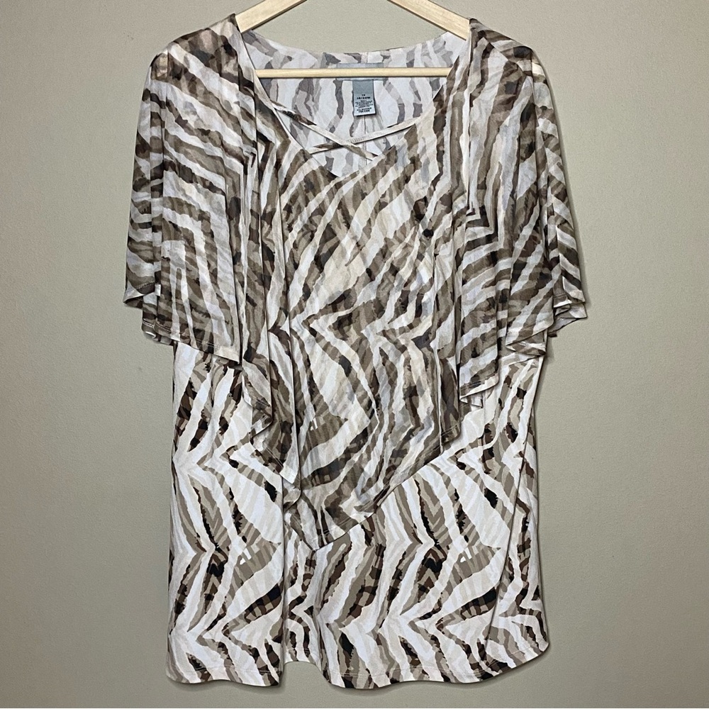 Catherines Top Blouse 1X 18/20W Brown Tan Animal Print Attached Overlay